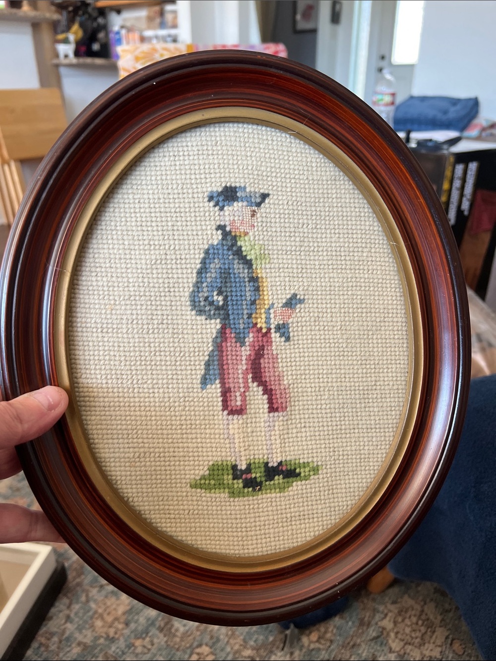 Vintage Needlepoint Framed Colonial Man and Woman Pair - Cream, Gray, Pink, Blue - Picture 2 of 12